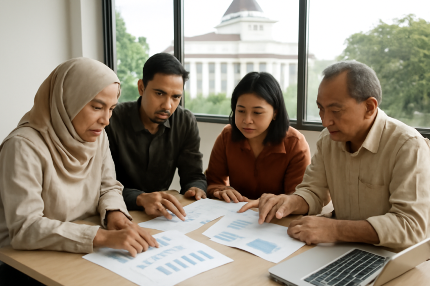 Warga sedang membaca dan mendiskusikan dokumen APBD di meja